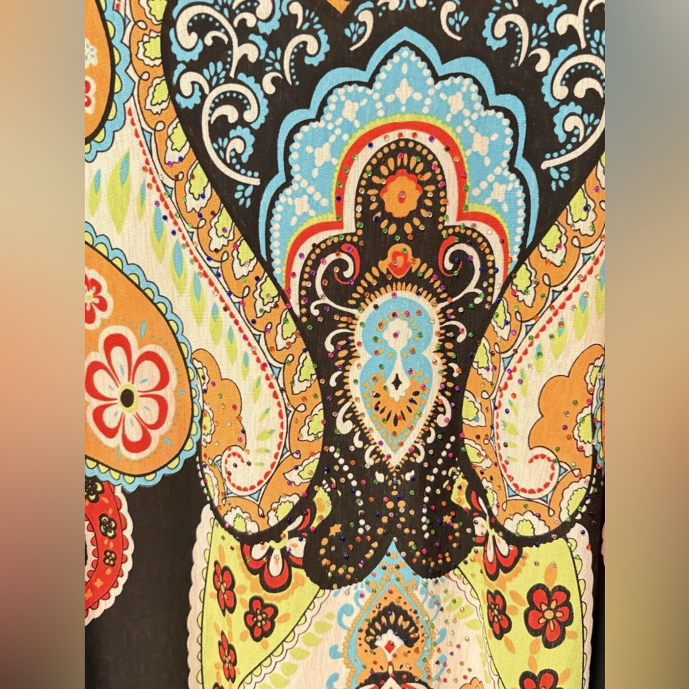 Black Paisley-Print Women’s Top with Multicolor Accents - Picture 2 of 8